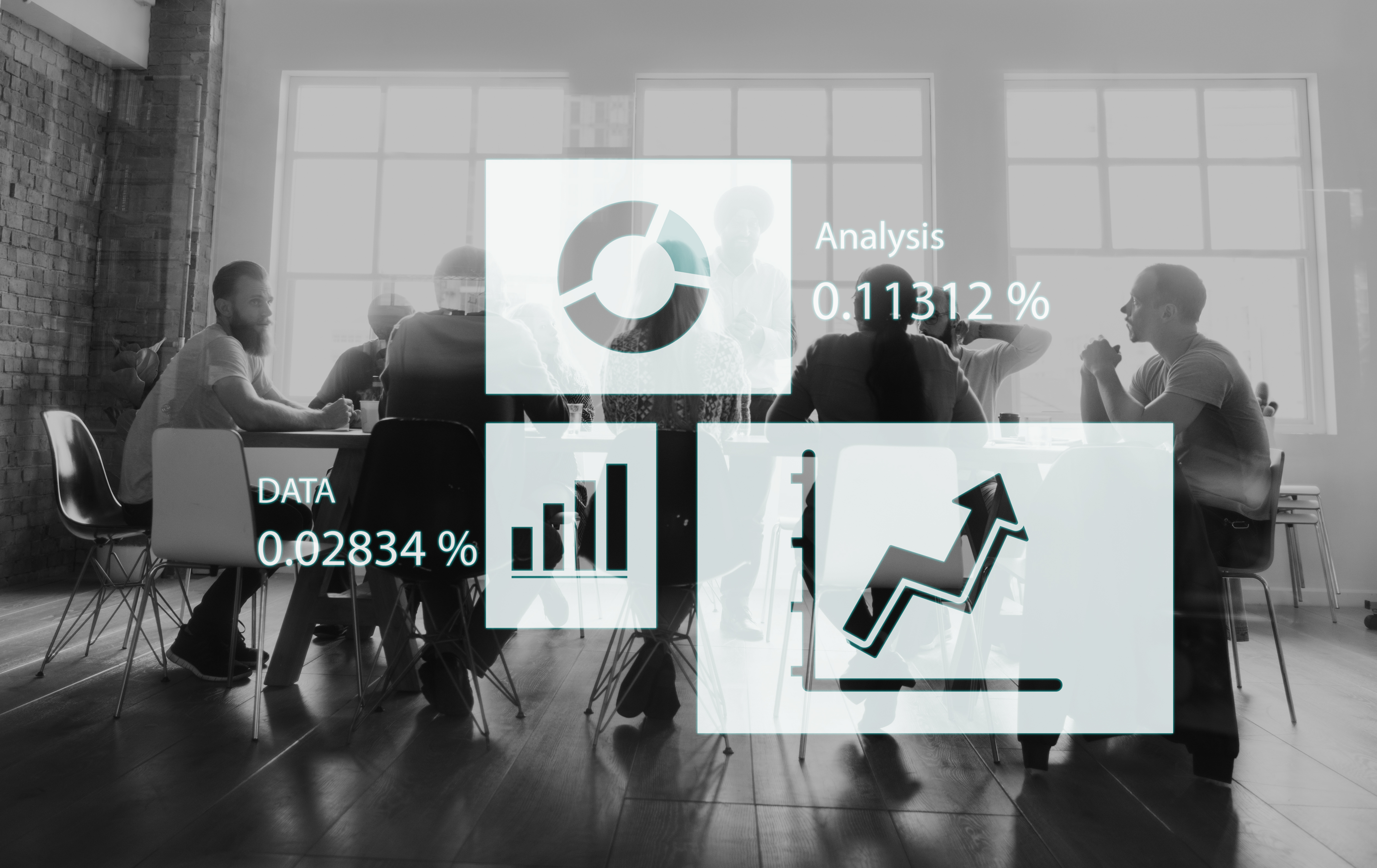 Business meeting with diverse group around a table, data graphs overlayed. Texts read 