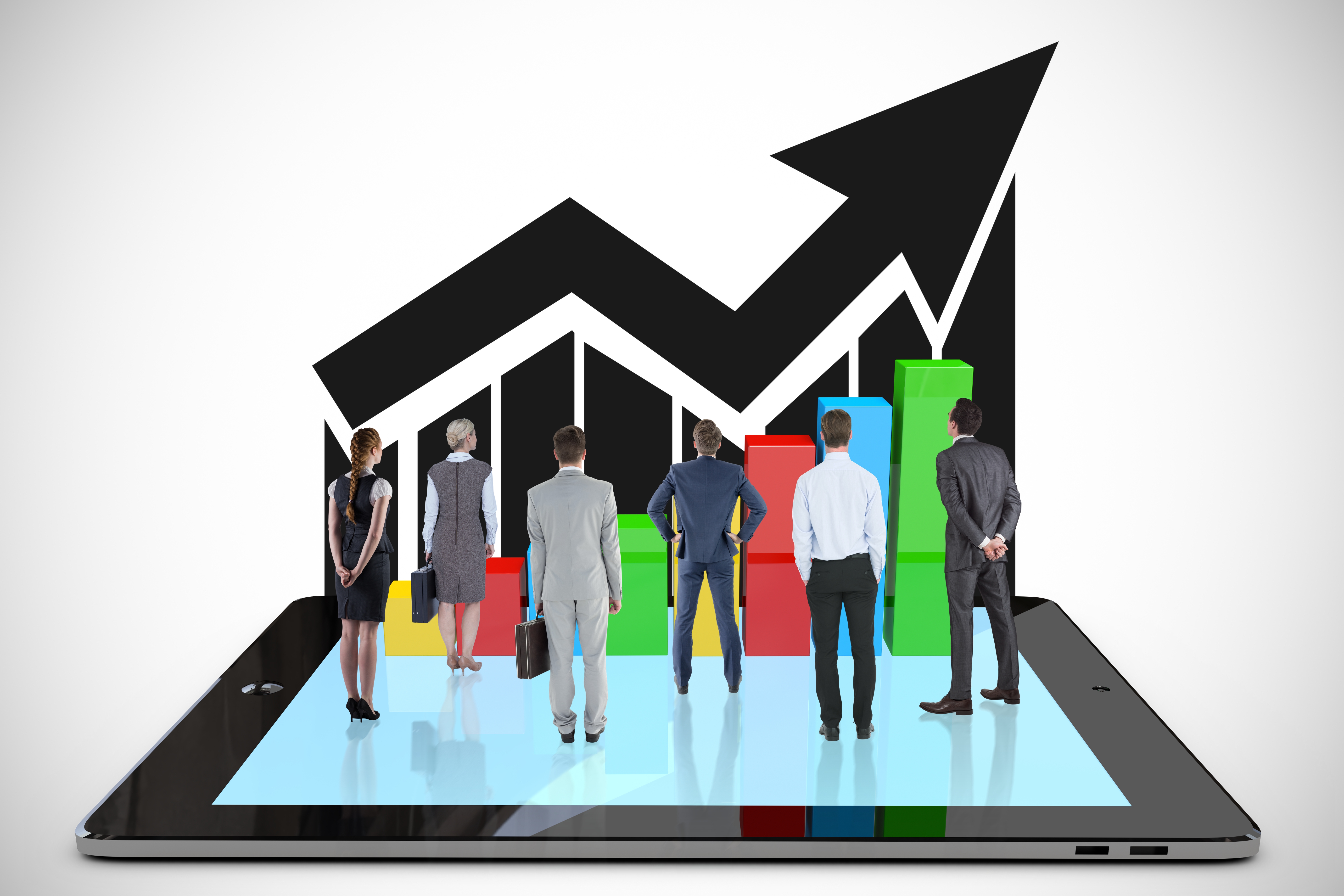 Businesspeople stand on a tablet facing colorful 3D bar graphs and a rising arrow, symbolizing growth. Background is minimalistic and white.