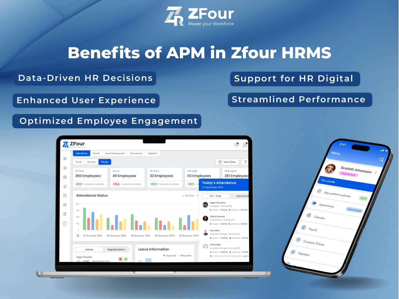 Laptop and smartphone display ZFour HRMS features on a blue background. Text highlights benefits like data-driven HR, engagement, and performance.