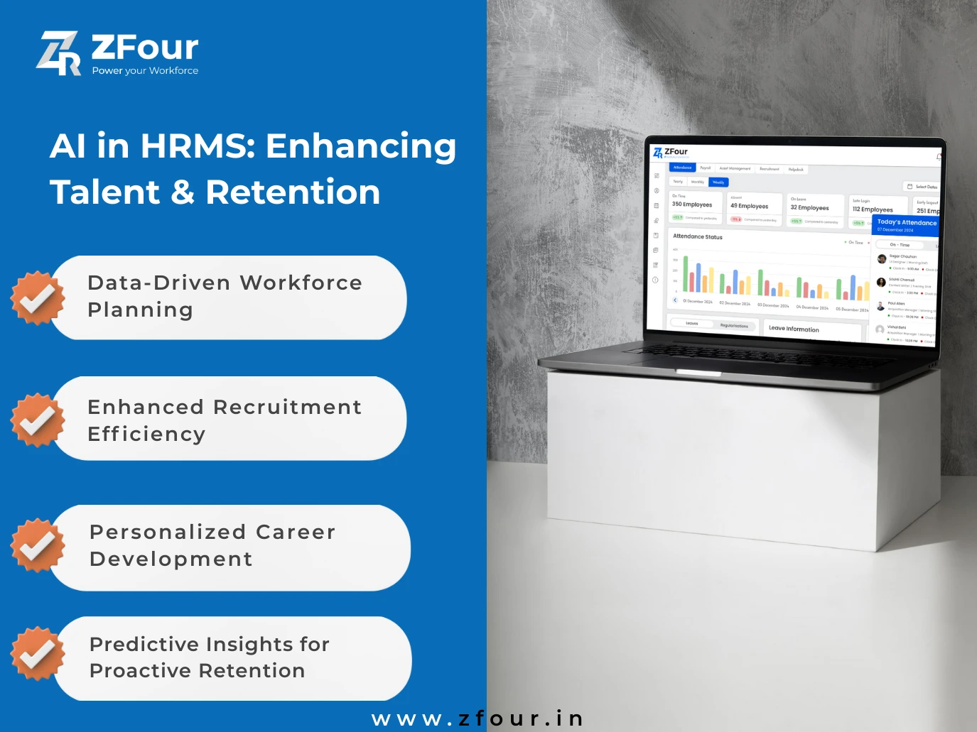 Laptop showing data charts on a gray table. Blue graphic beside it lists benefits of AI in HRMS, like workforce planning and career development.