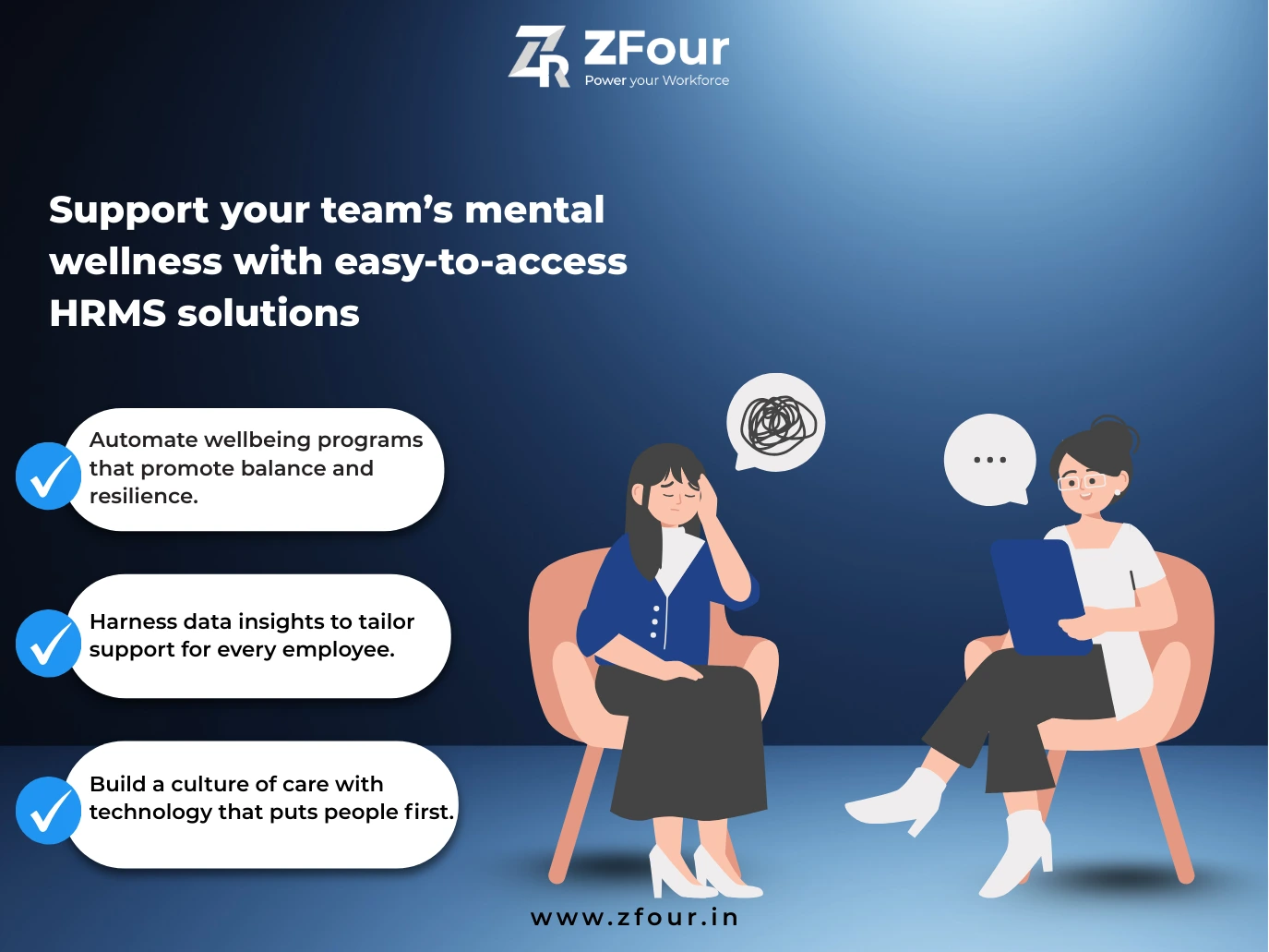 Two women sit discussing mental wellness. Speech bubbles above show one with a scribble and the other with dots. Blue background, ZFour logo.