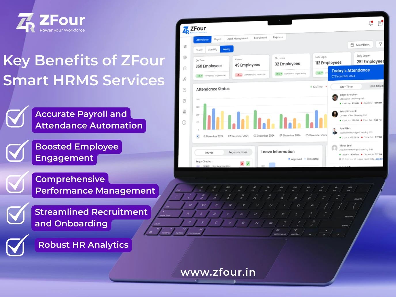 Laptop displaying HRMS dashboard with colorful graphs. Text on left lists HR benefits: payroll, engagement, management, recruitment, analytics.