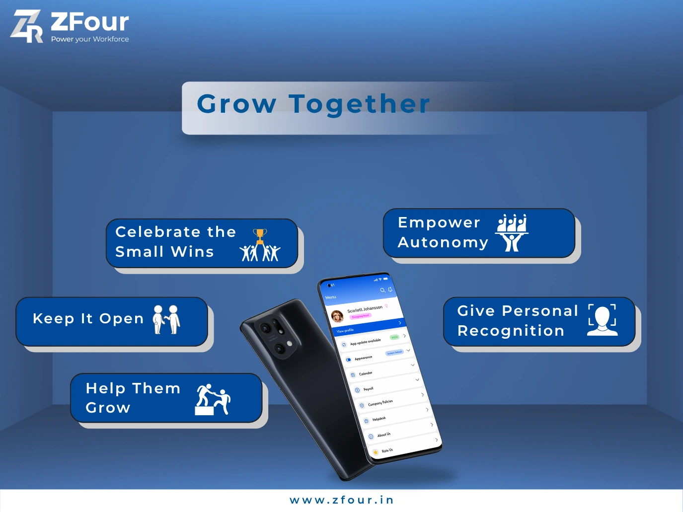 Blue background image with smartphone and motivational phrases: 