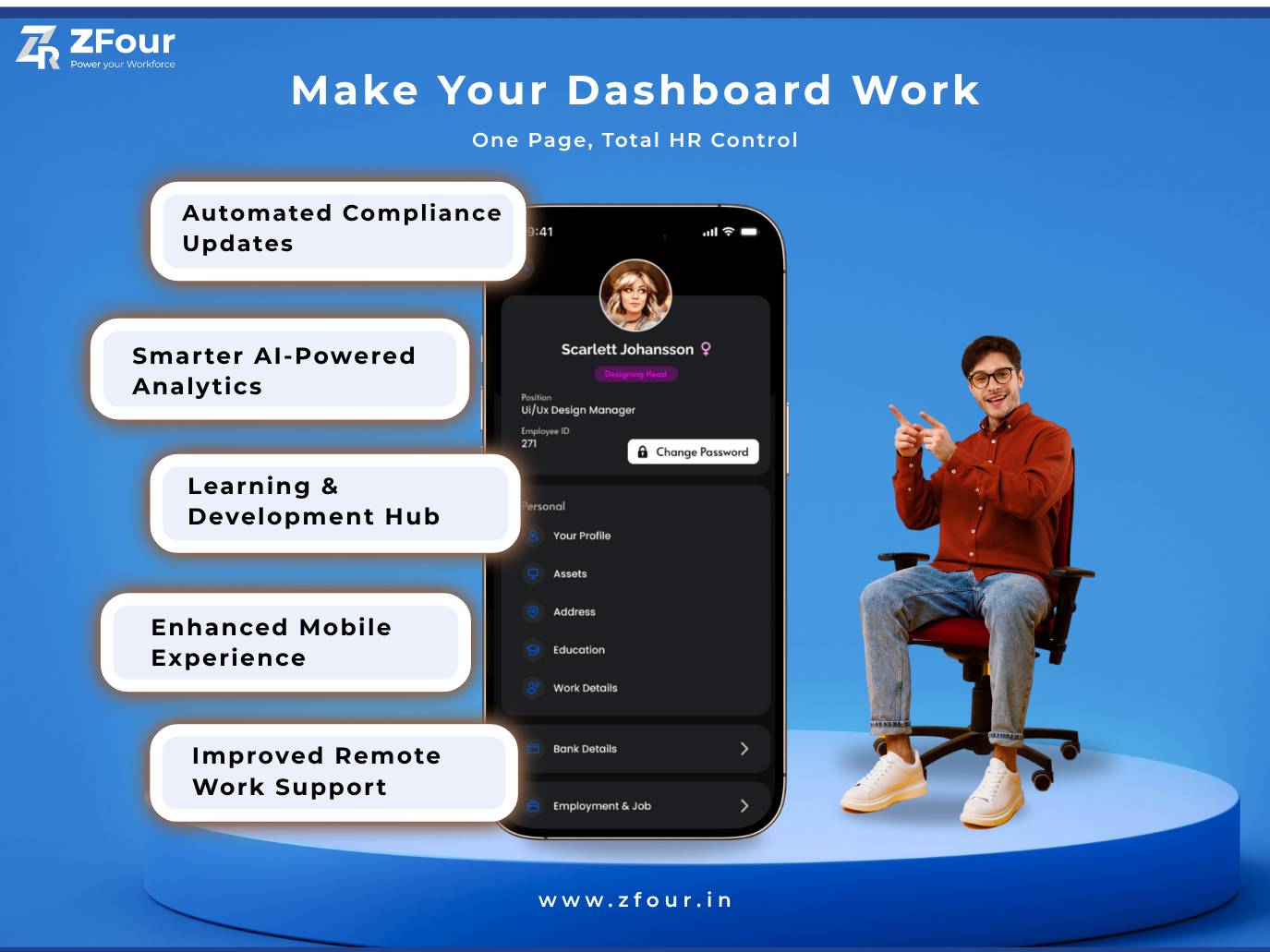 Man in red shirt gesturing beside a phone displaying a dashboard app. Text highlights features like AI analytics on a blue background.