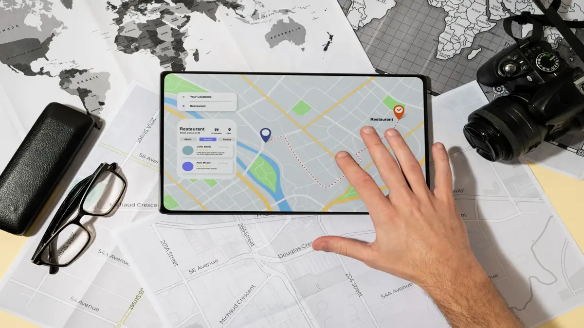 A hand interacts with a tablet showing a map app on a table with maps, glasses, a camera, and a black case, conveying a travel planning mood.
