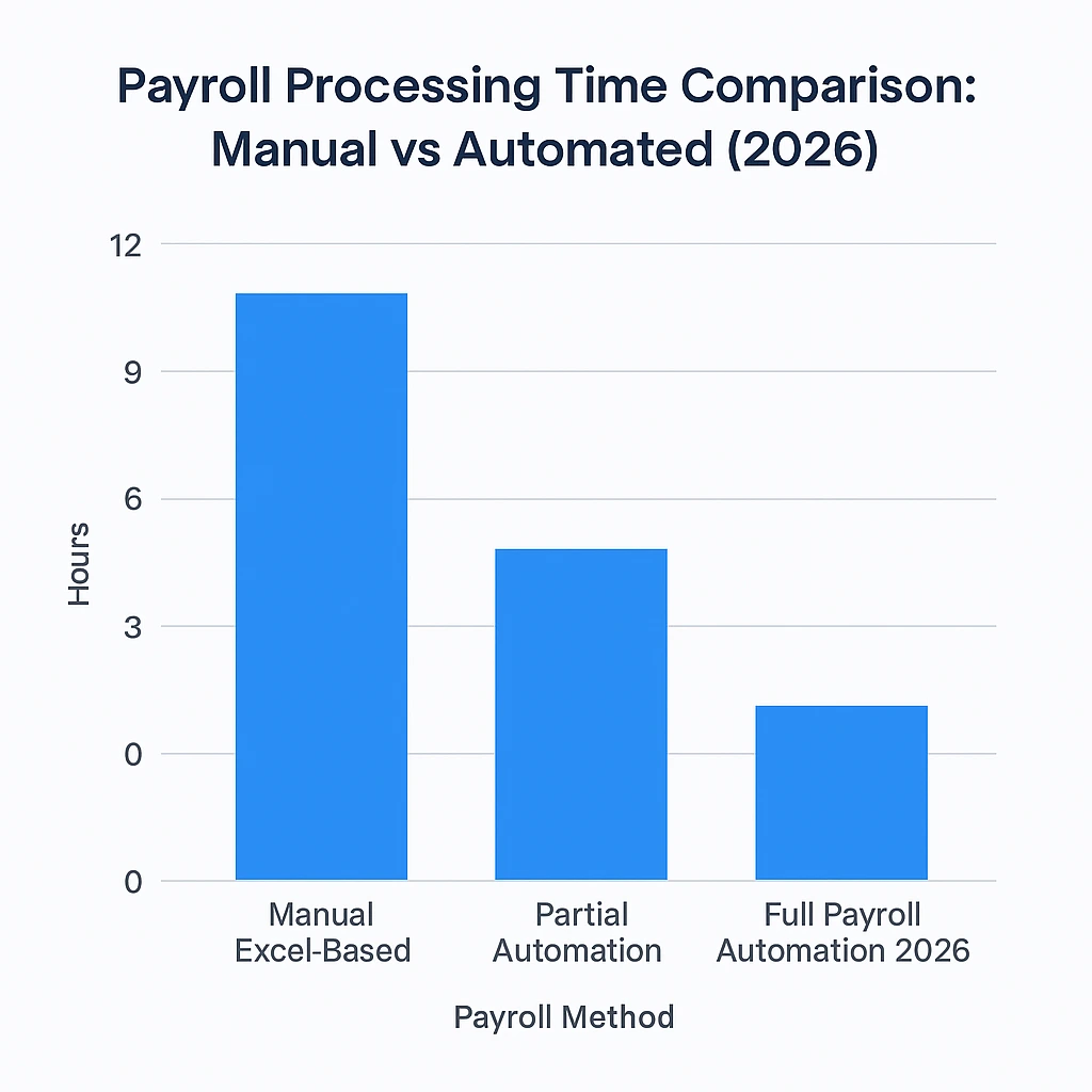 Bar graph comparing manual payroll vs Payroll Automation 2026 by ZFour HRMS, showing significant reduction in monthly processing time from 12 hours to 2 hours.