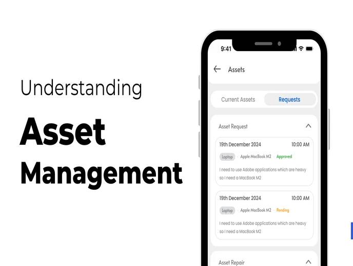 Asset management dashboard in ZFour HRMS showing tracked company assets
