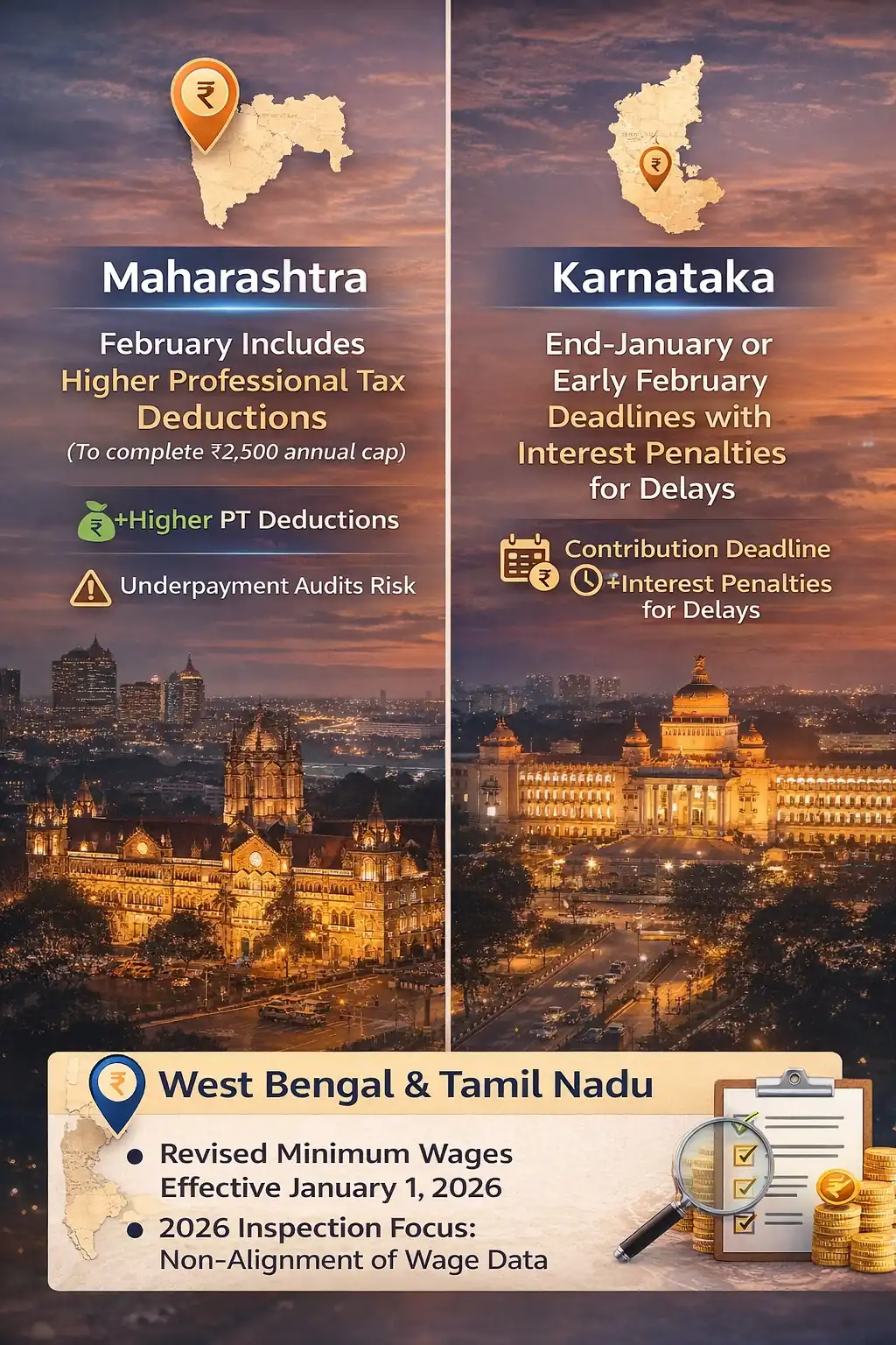 Infographic compares Maharashtra and Karnataka tax policies, highlighting deadlines and deductions. Includes West Bengal, Tamil Nadu wage updates.