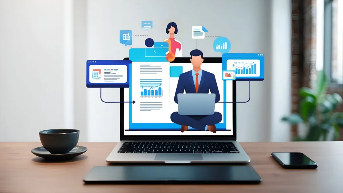 Laptop on desk displays a man using a computer, surrounded by graphs and icons. Coffee cup and phone nearby. Bright, modern setting.