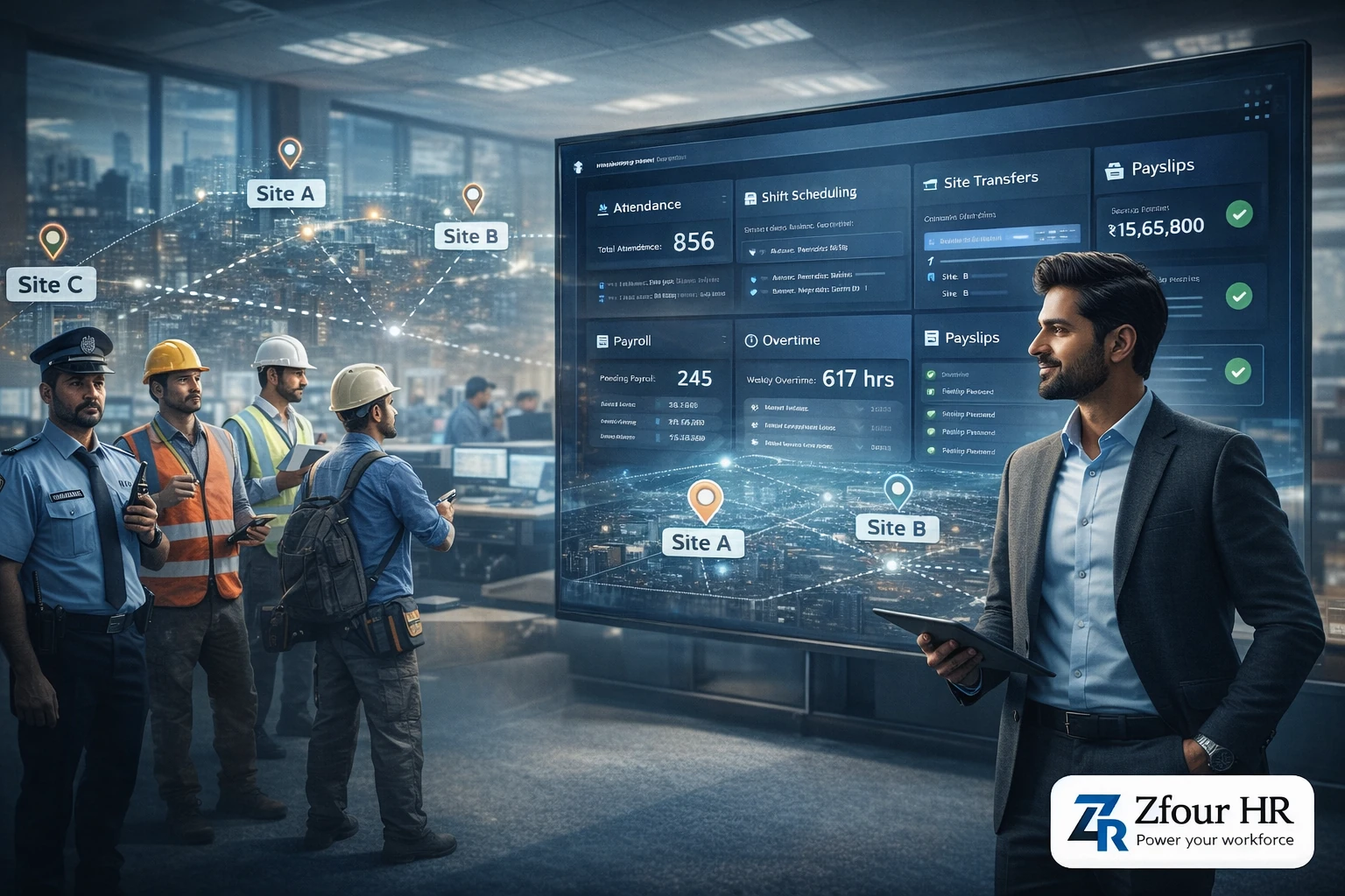 HR manager viewing ZFour HRMS dashboard with attendance, shift scheduling, payroll and overtime modules while Indian security guards and manpower workers stand near multi-site location tracking pins in a corporate control center.