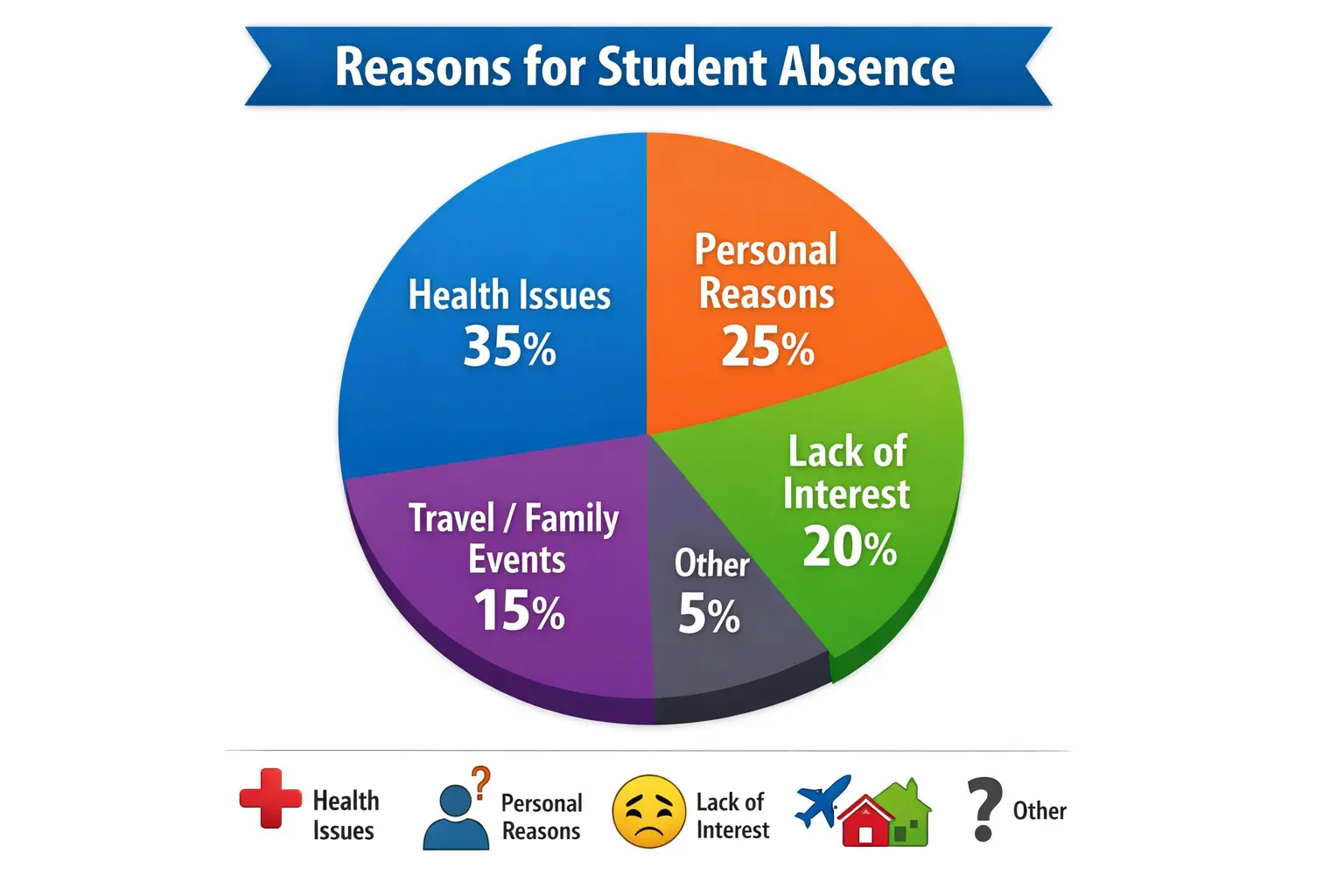 Pie chart shows reasons for student absence: Health Issues 35%, Personal Reasons 25%, Lack of Interest 20%, Travel 15%, Other 5%.