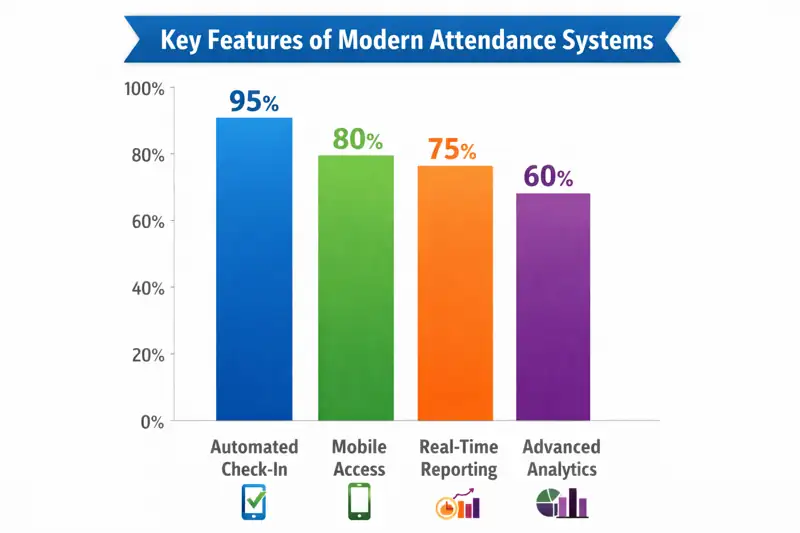 Bar chart titled Key Features of Modern Attendance Systems; shows Automated Check-In 95%, Mobile Access 80%, Real-Time Reporting 75%, Advanced Analytics 60%.