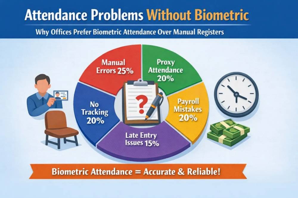 Benefits of biometric attendance showing accuracy, automation, security, time savings, payroll sync, and transparency