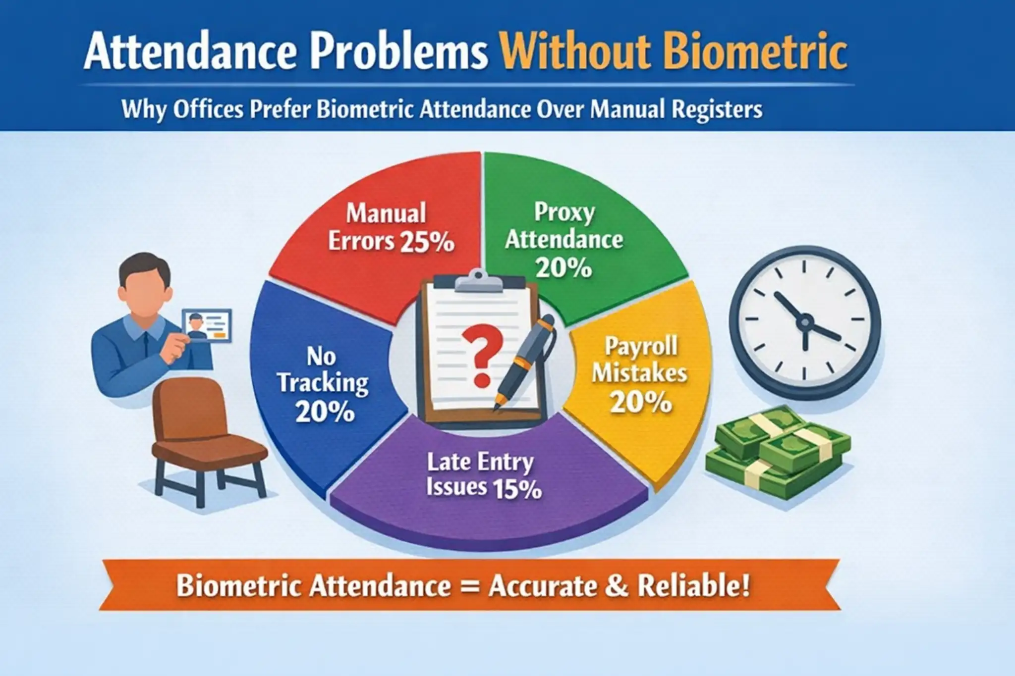 Pie chart highlights attendance issues: manual errors 25%, no tracking 20%, proxy attendance 20%, payroll mistakes 20%. Text promotes biometric solutions.