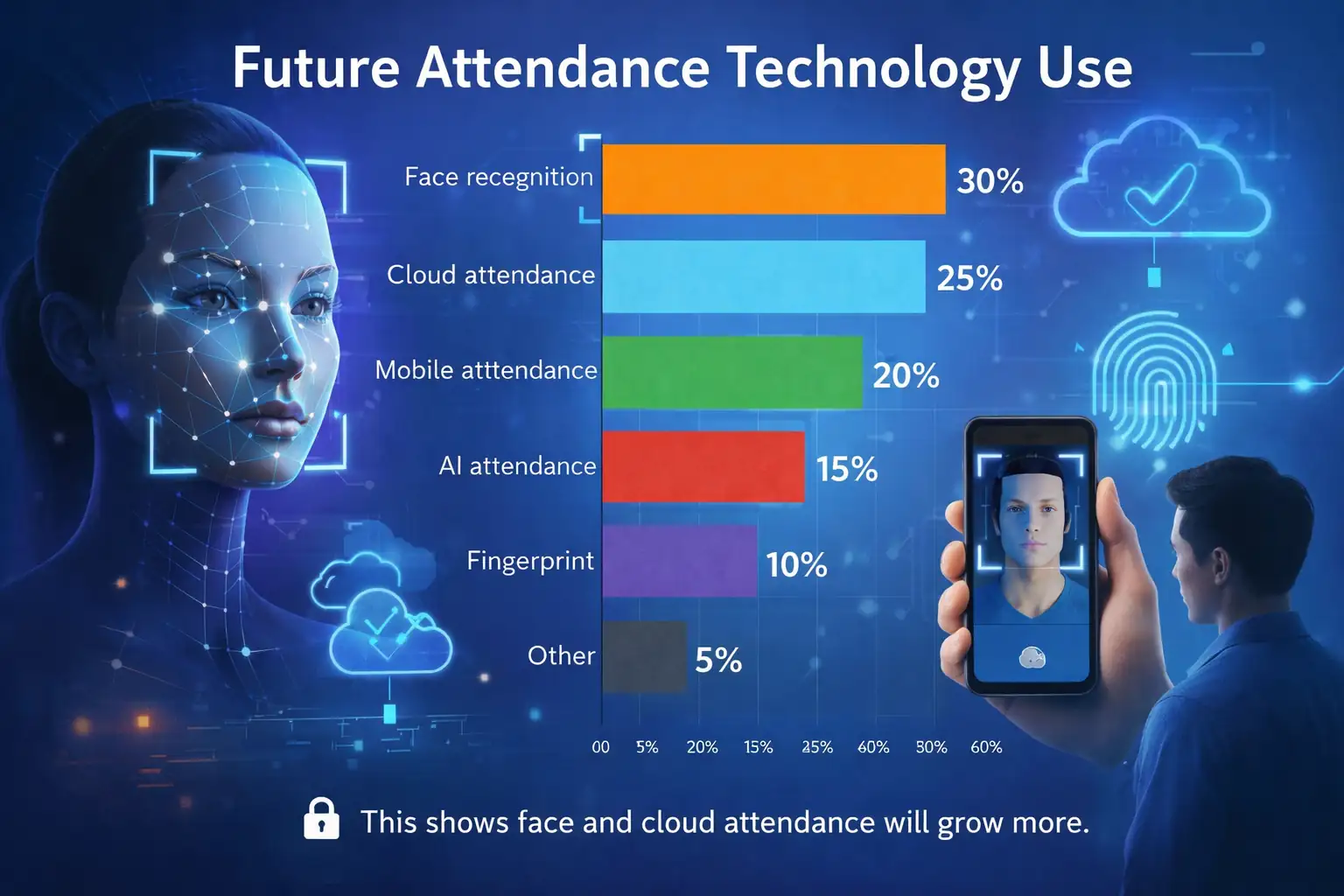 Futuristic image showing a face scan, person holding a phone with face recognition app, and a bar chart on attendance tech use with percentages.