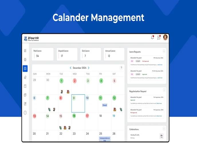 Unified calendar dashboard view in ZFour HRMS showing attendance and leave