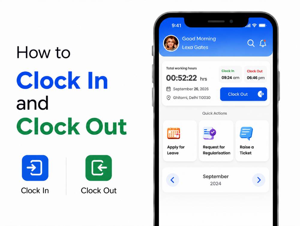 ZFour HRMS mobile app for marking employee attendance with clock-in and clock-out