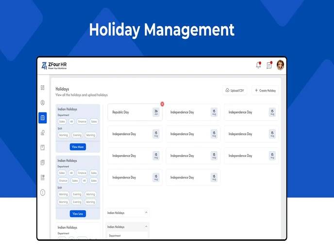 Admin configuring company holidays in ZFour HRMS dashboard