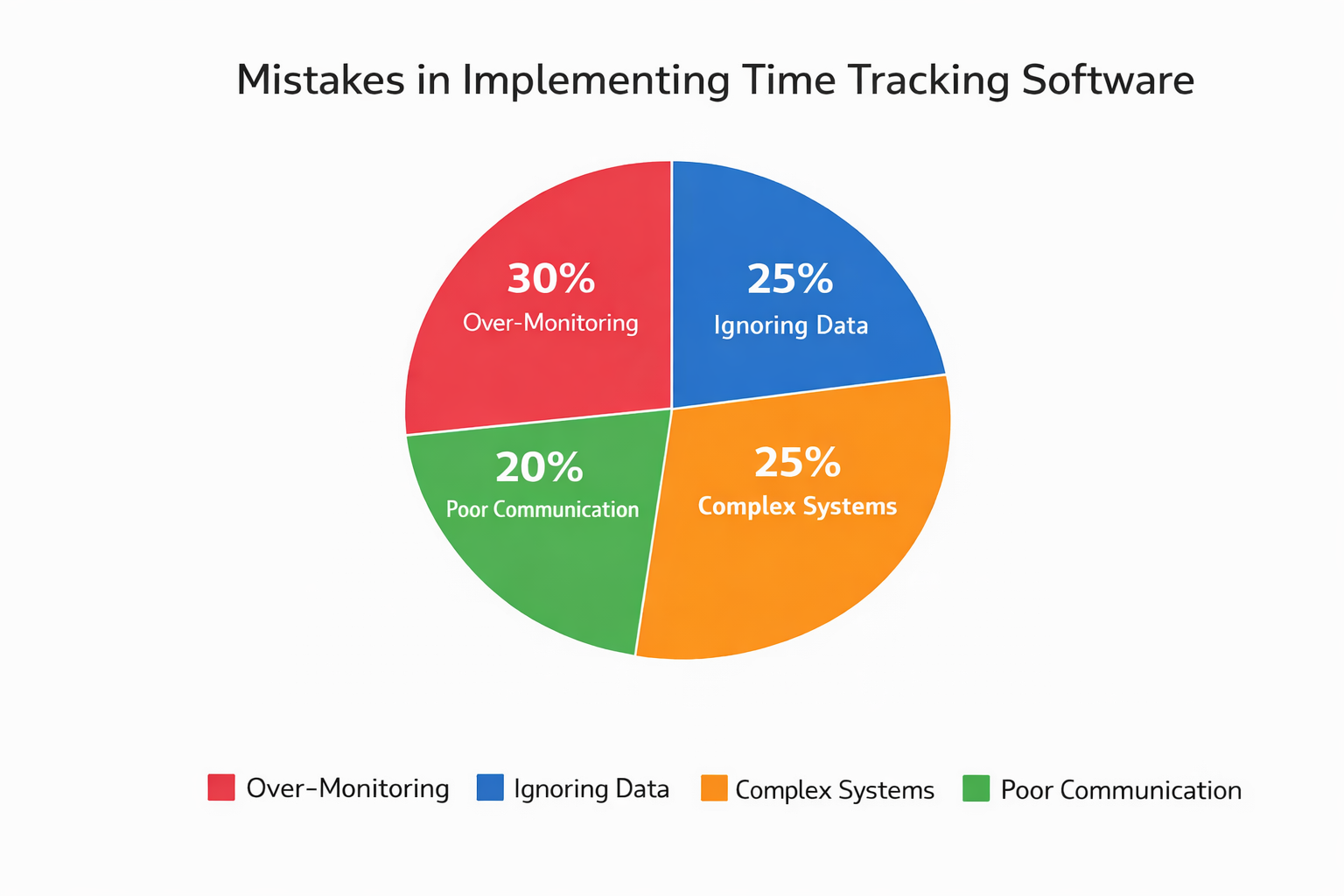 Pie chart showing mistakes in time tracking: 30% Over-Monitoring, 25% Ignoring Data, 25% Complex Systems, 20% Poor Communication.