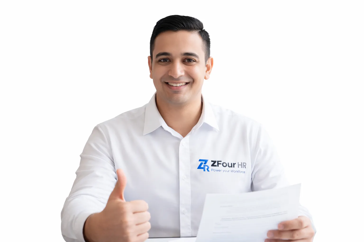 Smiling man in a white ZFour HR shirt gives a thumbs-up while holding a document. White background, positive mood.
