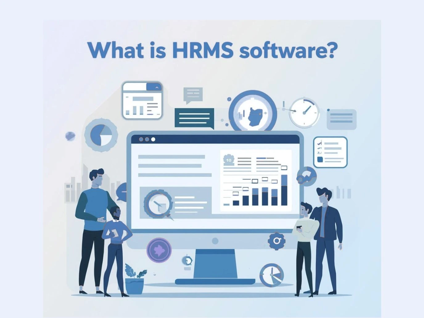 People discuss HRMS software on a screen. Background shows charts and digital icons. Blue tones dominate the tech-themed setting.