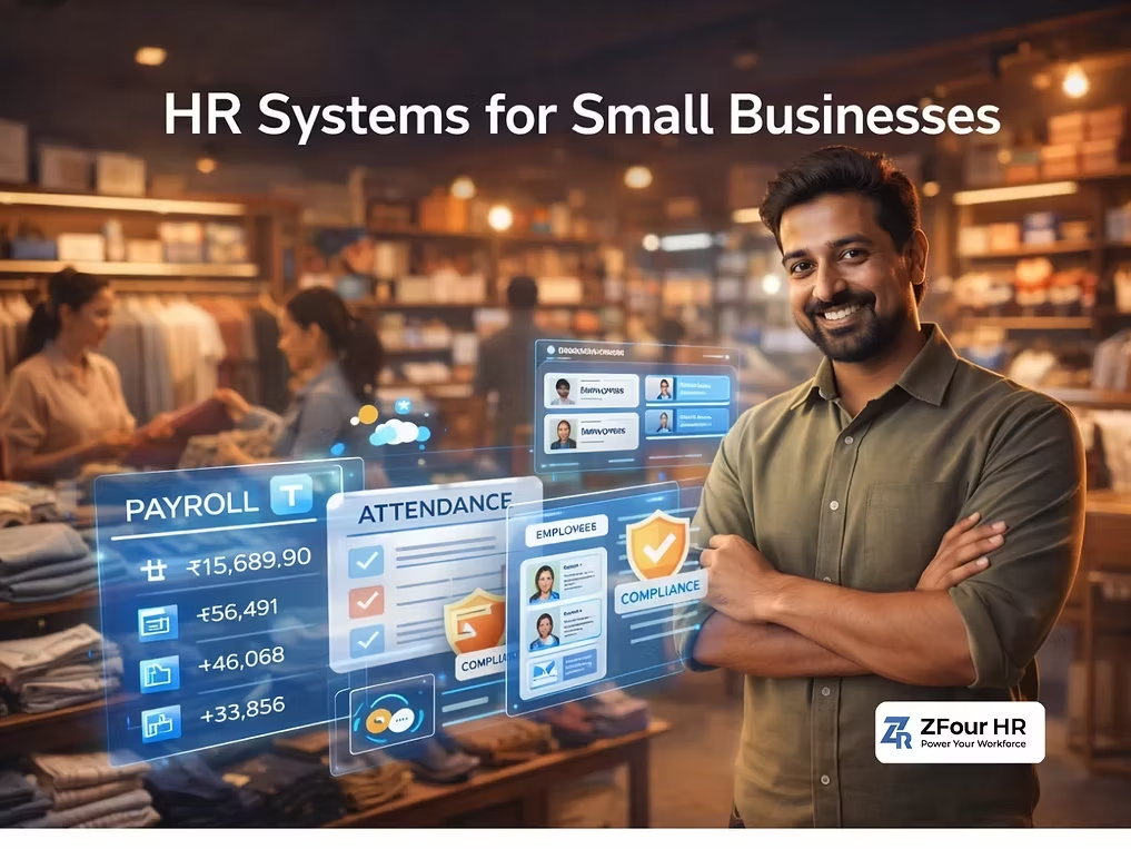 Man in a store smiles at the camera with digital HR system graphics, including payroll and attendance. Text: HR Systems for Small Businesses.