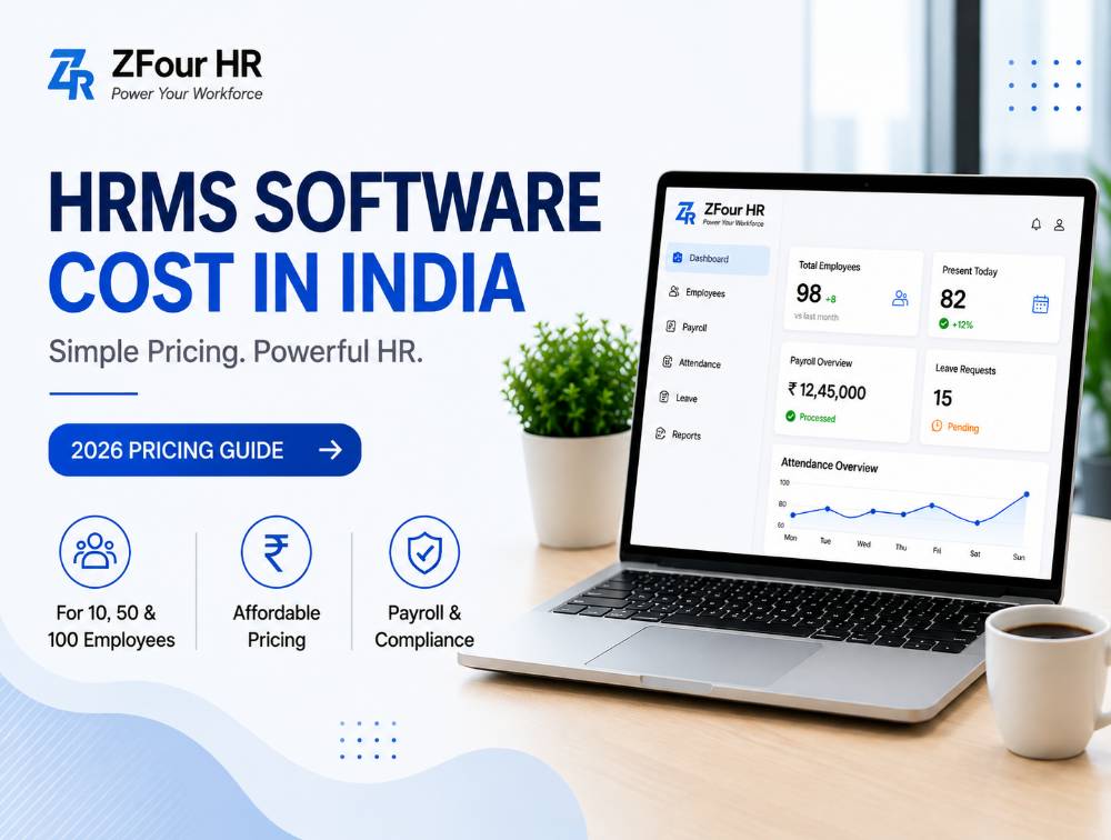 HRMS software cost in India 2026 pricing guide for 10, 50 and 100 employees, featuring a ZFour HR dashboard with payroll, attendance and compliance tools.
