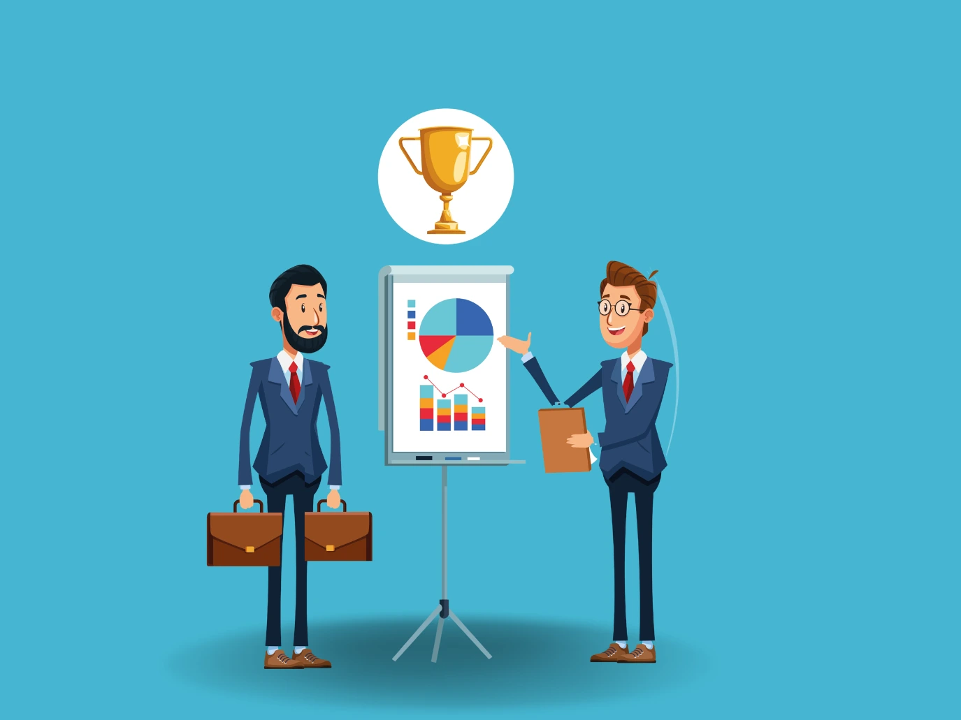 Two businessmen in suits stand near a chart. One presents data with a smile. Trophy icon above signifies success. Blue background.