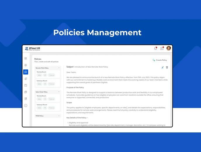 Admin managing company policies in ZFour HRMS Policies Management