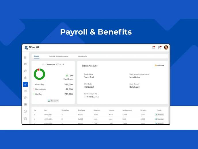 Salary breakdown and benefits view in ZFour HRMS employee dashboard