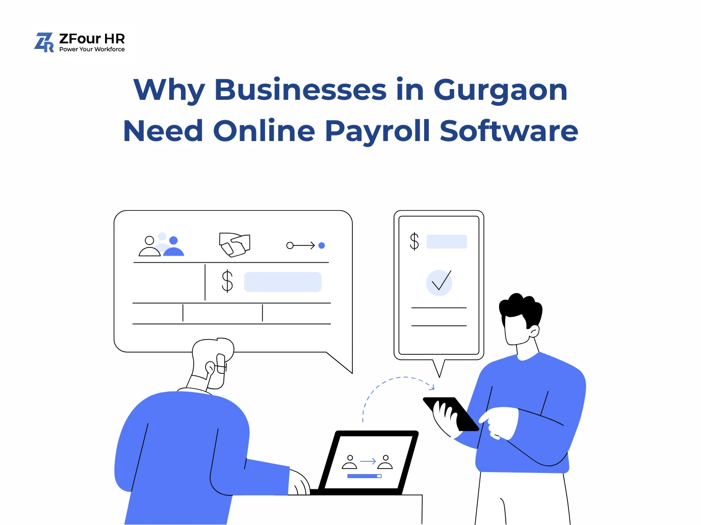 Two illustrated people discuss payroll software. One uses a laptop, the other a tablet. Text: Why Businesses in Gurgaon Need Online Payroll Software.