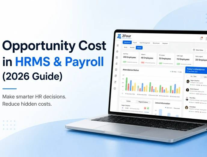 Opportunity Cost in HRMS & Payroll (2026 Guide) — ZFour HRMS dashboard showing attendance status, employee counts, and leave information