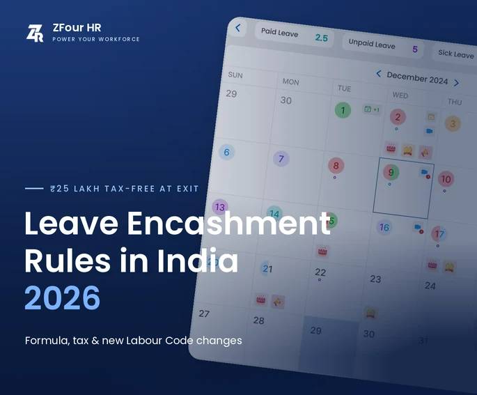 Leave encashment rules in India 2026 guide by ZFour HRMS, showing a leave calendar with paid, unpaid and sick leave balances