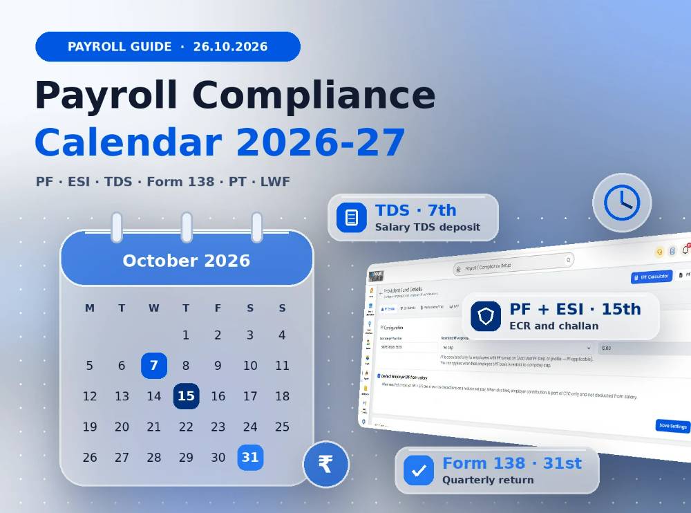 Payroll compliance calendar 2026-27 showing PF, ESI and TDS due dates